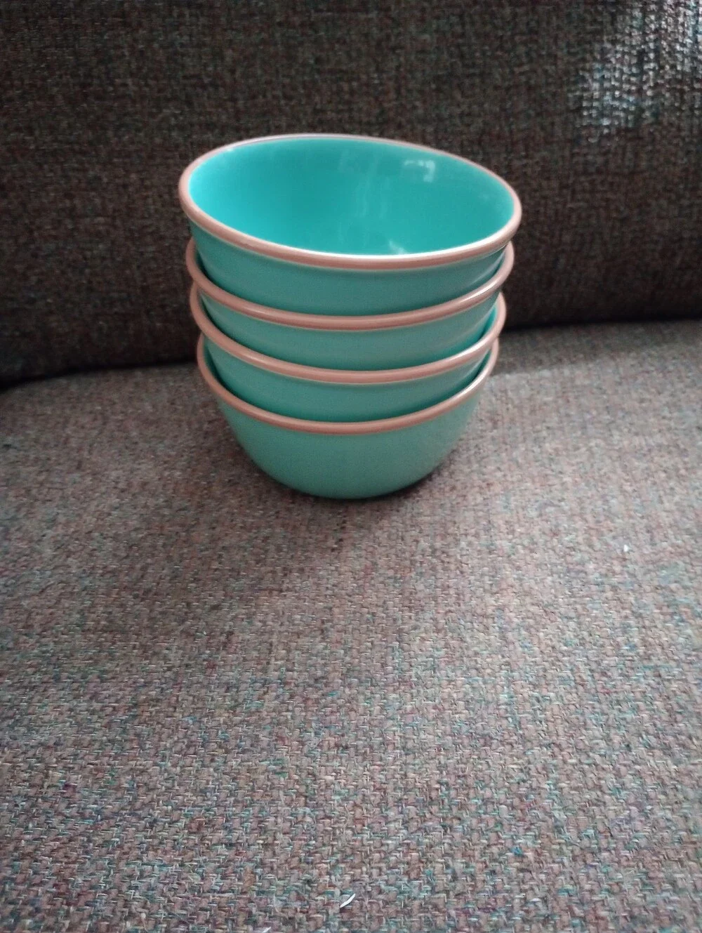 Bobby Flay Turquoise With Tan Rim Stoneware Soup/Cereal Bowls- Set of 4